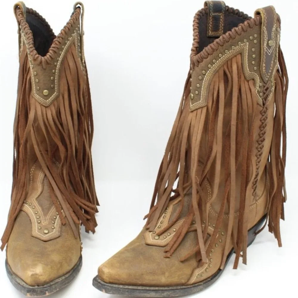 🤠ROCKIN COUNTRY🤠GENUINE LEATHER FRINGE STUDDED COWBOY BOOT - Picture 1 of 7